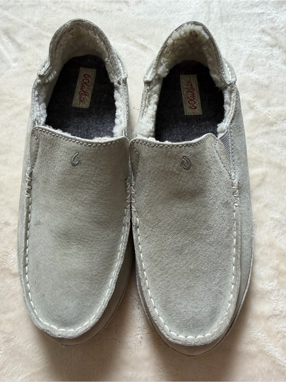 Olukai Nohea Women's Slippers Light Grey Leather Sheep Wool Lining Size 9